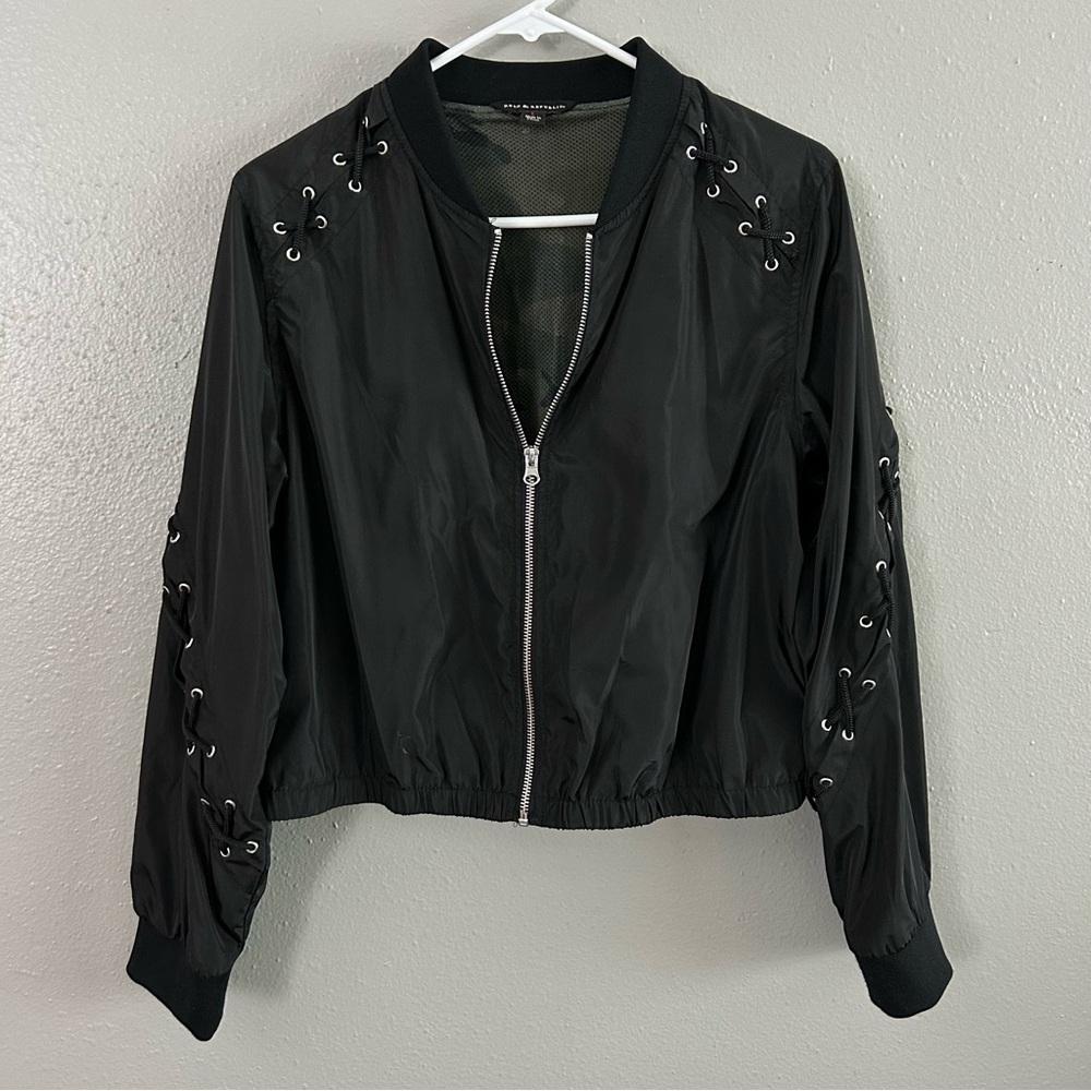 Rock & Republic Black Lace Up Accent Full Zip Jacket Women’s L Camo Mesh Lining